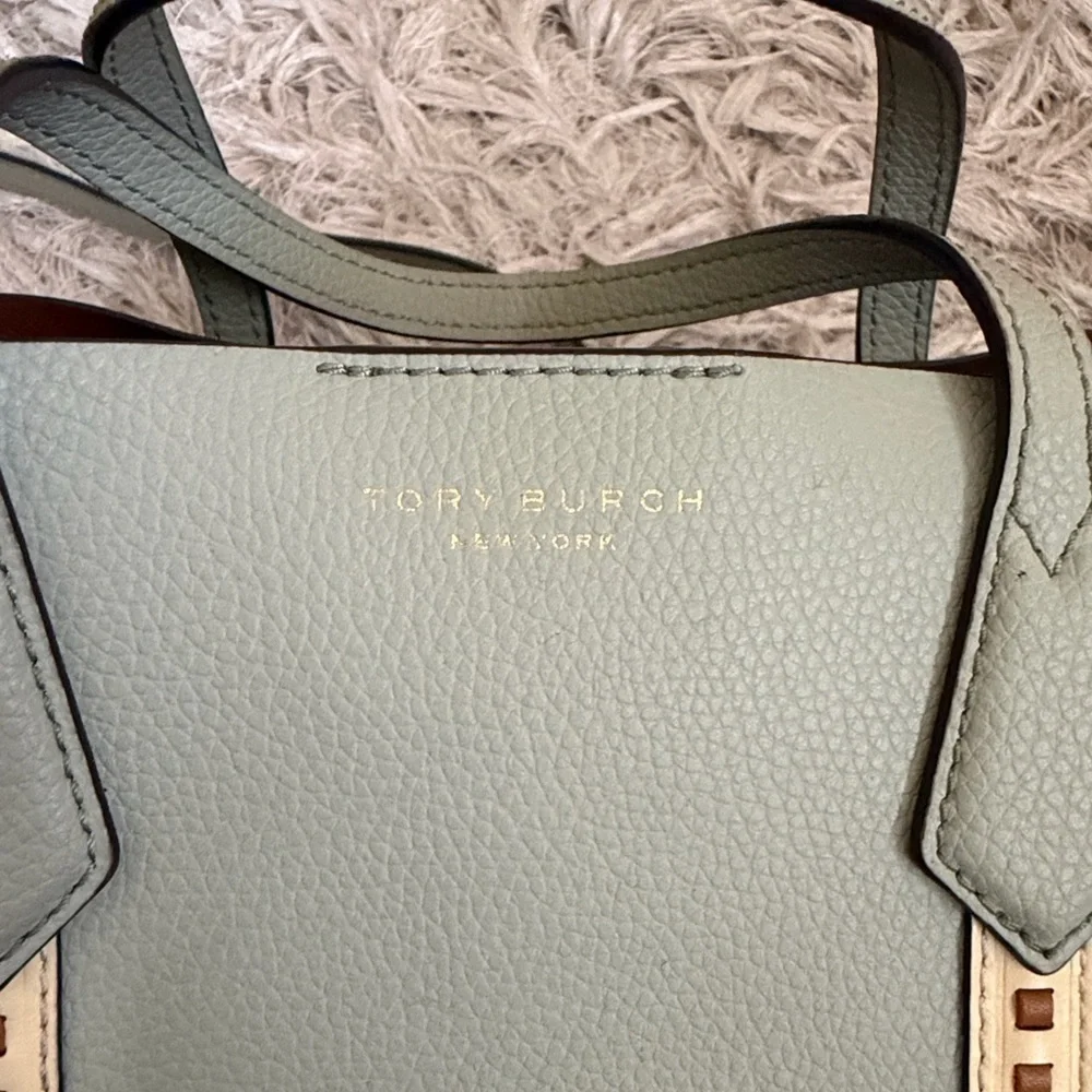 Tory Burch Perry Small Pick-Stitch Triple Compartment Tote Bag Pine Frost $428